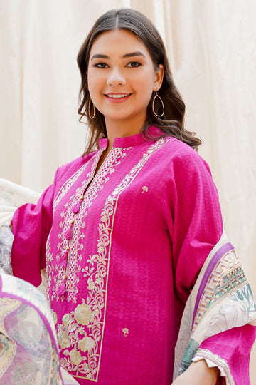 Zellbury Embroidered Shirt Dupatta - Magenta Pink - Jacquard Suit Online Shopping